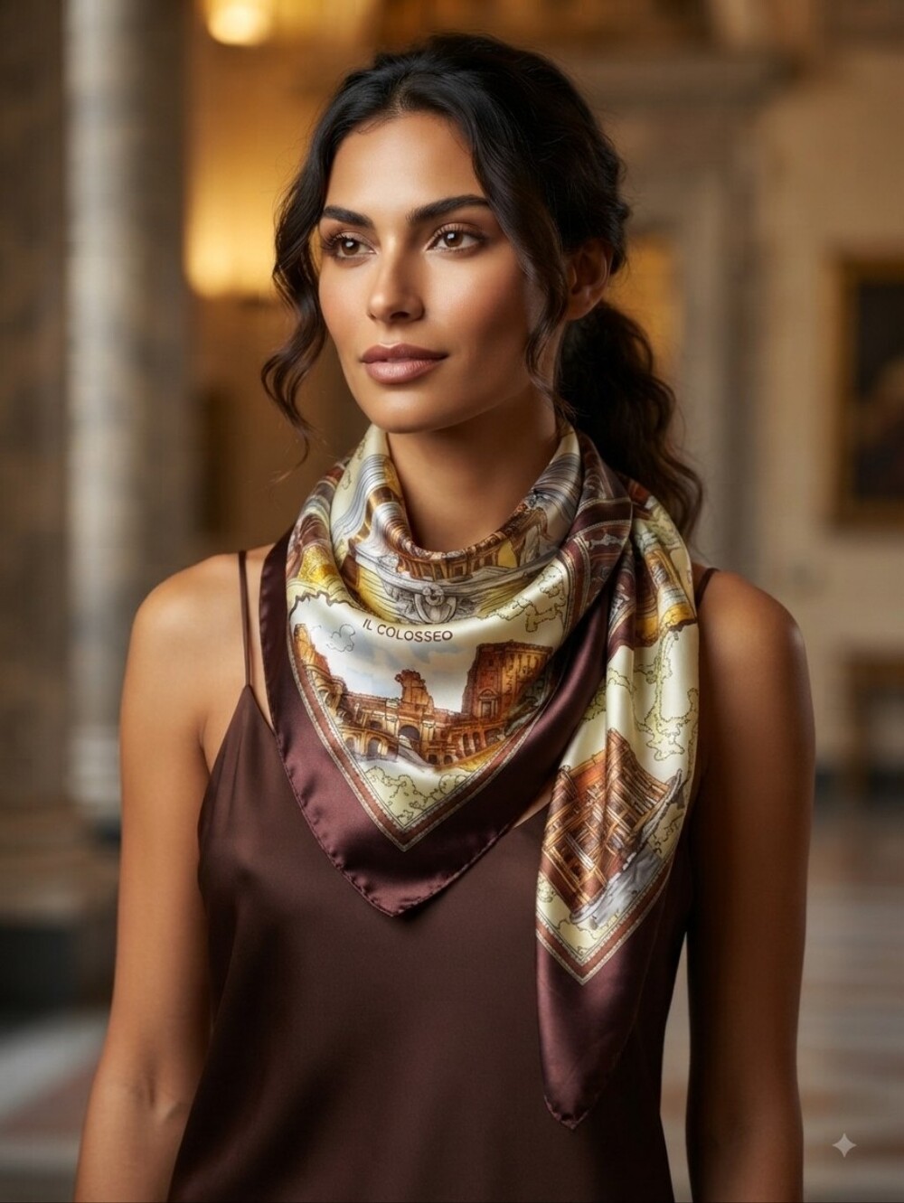Scarf Souvenir Rome Vatican Sheer Polyester Satin l 38x38 Brown Gold St.Peters